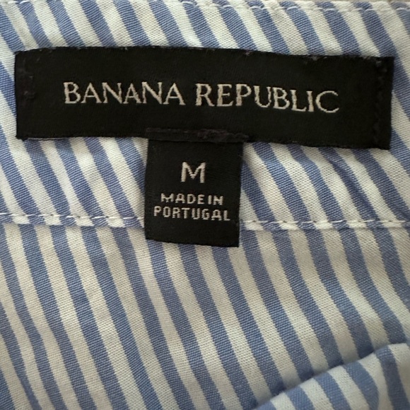 Banana Republic one shoulder 100% cotton puff sleeve SZ M white blue striped top - Picture 3 of 4